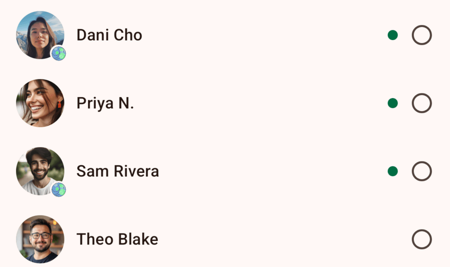 A Knit contact list. Dani Cho and Sam Rivera show the supporter badge on their pictures; Priya N. and Theo Blake don't.