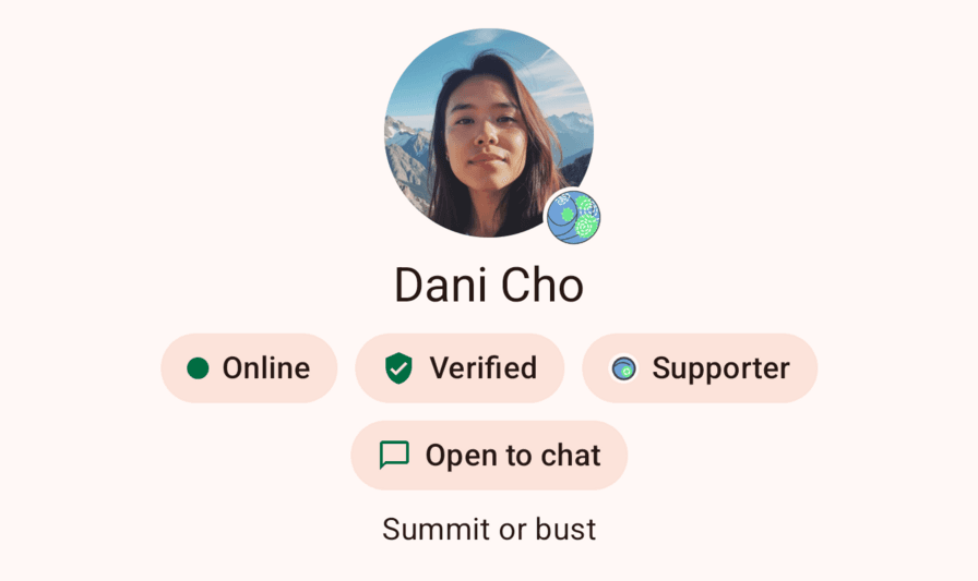 A Knit profile screen. The supporter badge sits on the edge of Dani Cho's picture, and a Supporter chip shows beside Online and Verified.